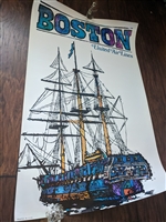 Original 1968 United Air Lines travel poster featuring Boston tall ship design with printed lithograph signature measuring 40 inches