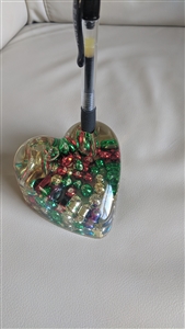 Heart shaped snow globe pen holder colorful inside