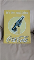 Coca Cola yellow and blue tin sign advertising
