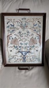 Silk fabric and needlepoint wooden serving tray