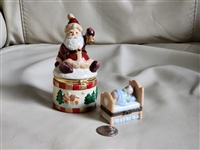 Porcelain Santa and sleeping Bear trinket boxes