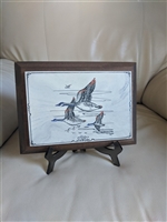 Signed Brother Matthew Gallagher geese marble color etching produced in the 1970s and 1980s mounted on wood