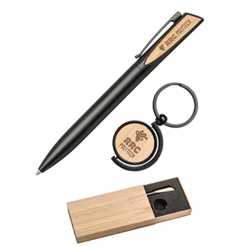 SK254 - Alban Aluminum Pen & Bamboo Keyring Set