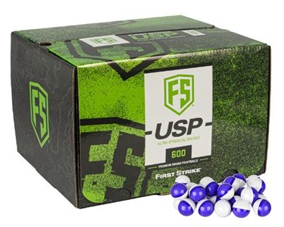 First Strike Paintball 600 Round Paintballs - Ultra-Sphere Projectiles (USP) - Purple/Clear Shell - White Powder Fill