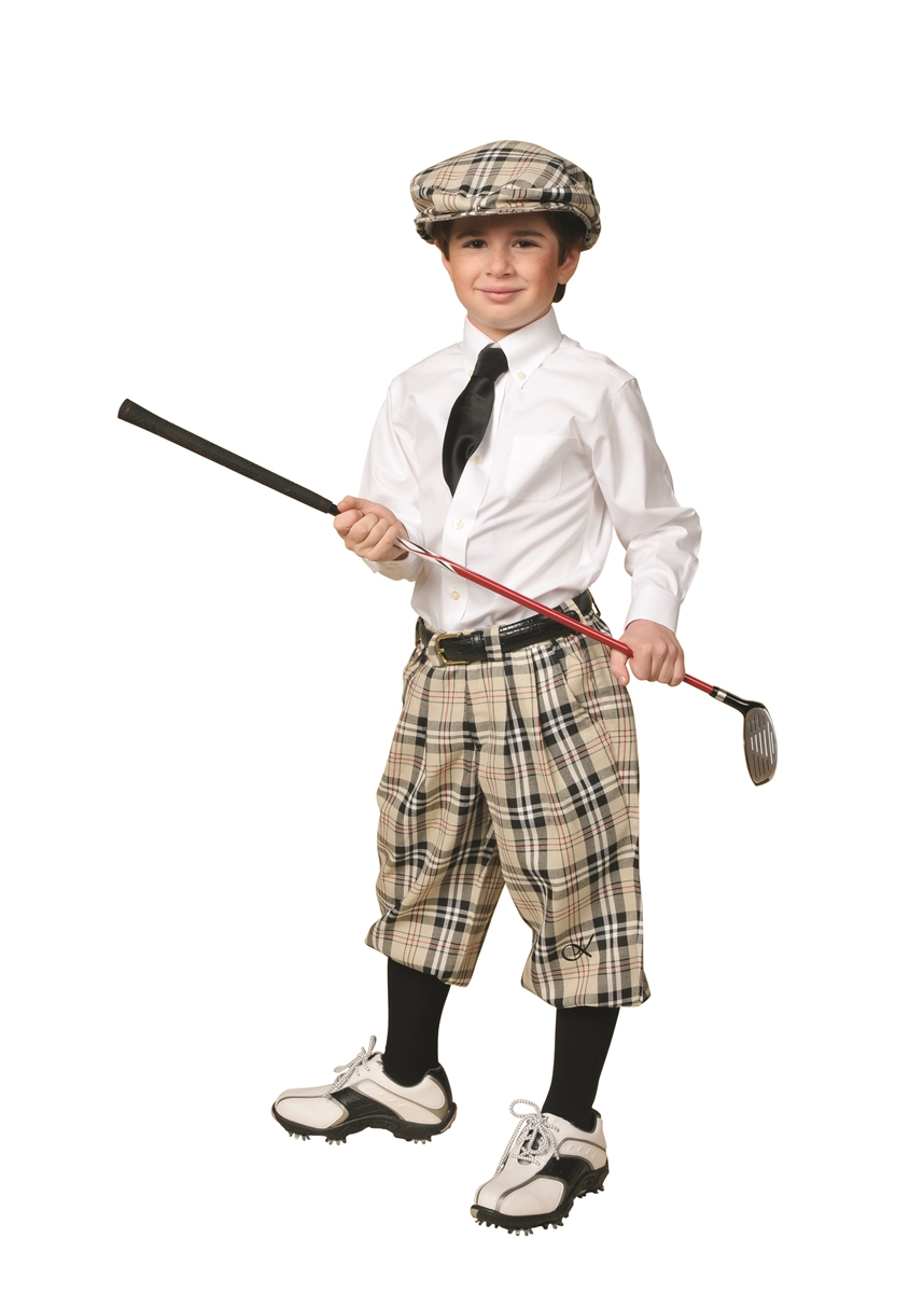 Kids Golf Outfit - Khaki Plaid Knickers, Cap, Shirt, Tie