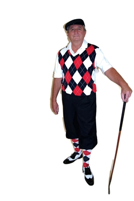 Red White Blue Golf Knickers Outfit - This Complete outfit features Navy Stewart Knickers, matching Cap, Red White and Blue Argyle Sweater Vest and matching Argyle Socks.