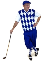 Royal and White Complete Golf Outfit - Royal Golf Knickers with Matching Cap, Royal and White Argyle Sweater Vest with Matching Socks.