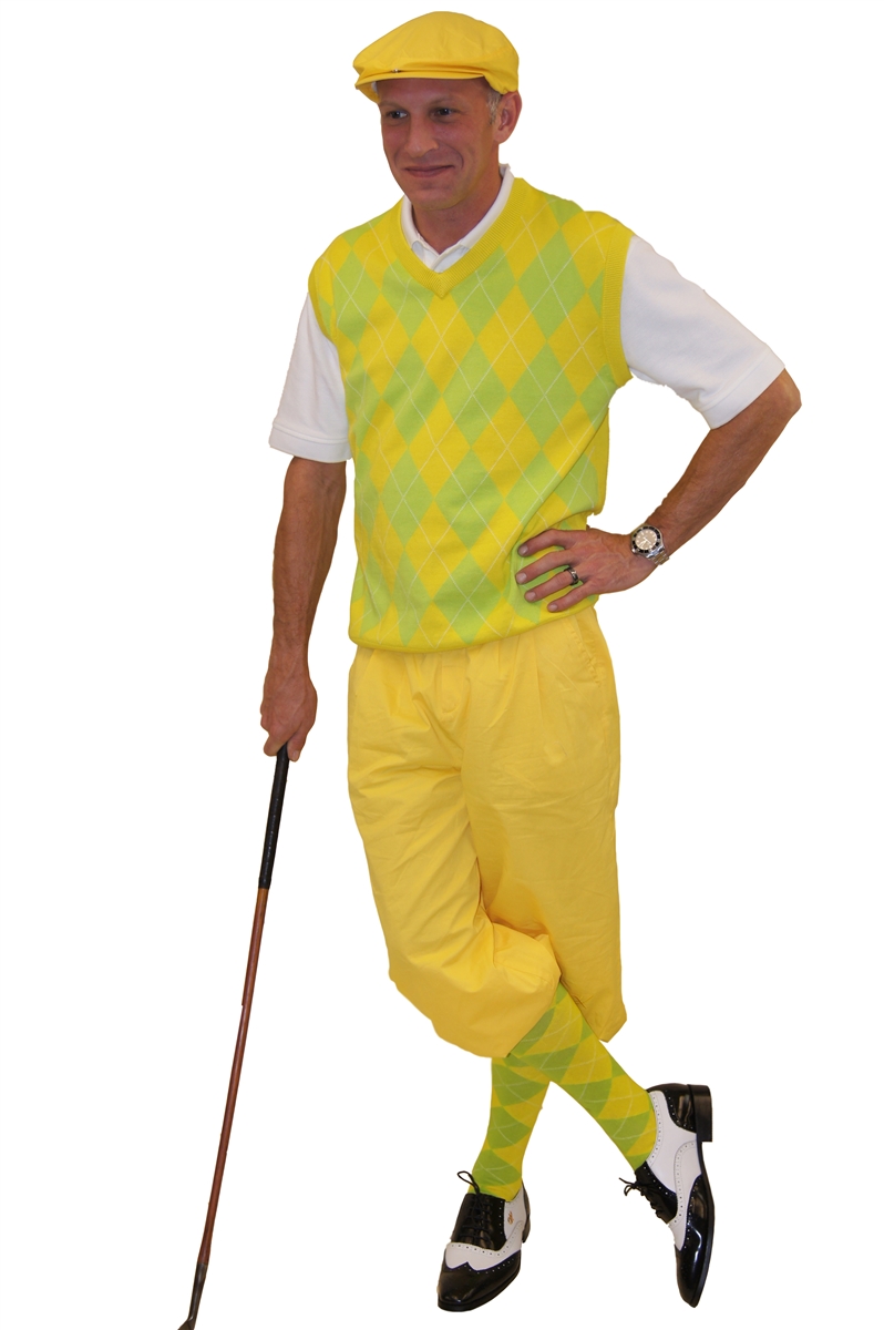 Men's Golf Knickers Outfit-Yellow Golf Knickers, Flat Cap