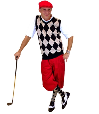 Men's Golf Outfit - Black/Khaki/Red Overstitch w/Red Knickers