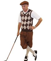 Men's Golf Outfit-Brown Knickers and Flat Cap with Brown and Khaki Argyle Sweater and Sock