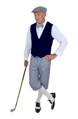 Ultimate golf Knickers outfit with grey knickers and cap Navy Plaid Vest, and bow tie.