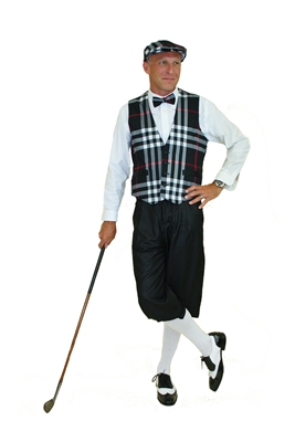 This Ultimate Golf Knickers Outfit features the Kings Cross signature Silk Touch knickers in Grey, white socks, and accompanied by our traditional Turnberry Black Plaid Vest, matching Bow Tie and matching cap.