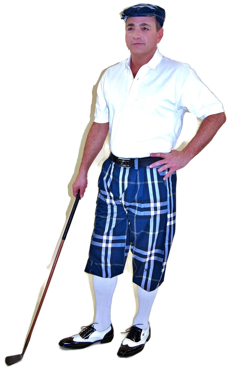 Golf Outfit - Navy Plaid Knickers, Matching Cap, White