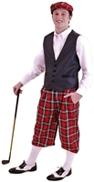 Men's Plaid Outfit - Red Tartan Plaid Knickers and Cap with Navy Vest and White Socks