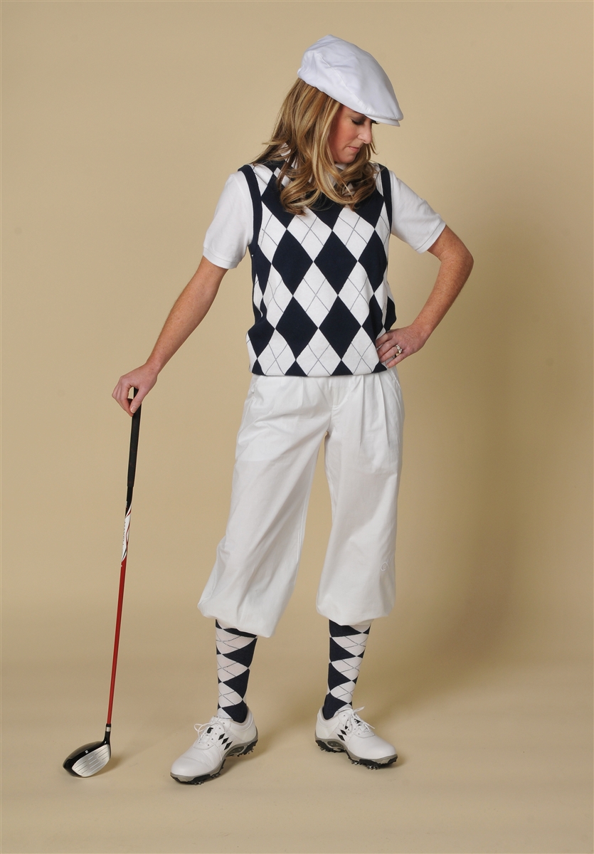 Women's Golf Outfit - White Knickers, Navy, White Argyle