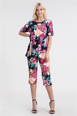 Short Sleeve Capri Set - black with pink/yellow flowers - poly/spandex