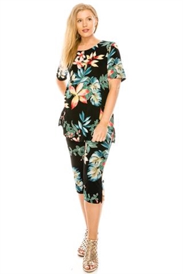 Short Sleeve Capri Set - black/tropical flowers - poly/spandex