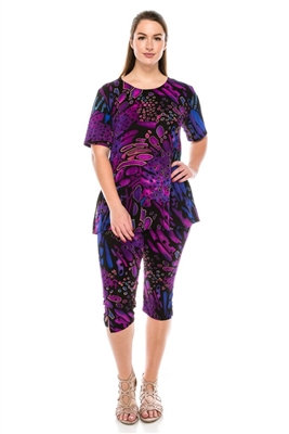 Short Sleeve Capri Set - blue/purple print - poly/spandex