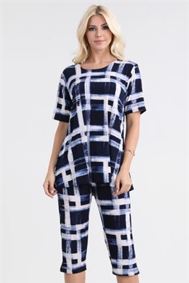 Short Sleeve Capri Set - navy/white checkered print - poly/spandex