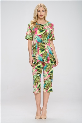 Short Sleeve Capri Set - tropical leaf print - poly/spandex