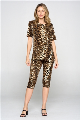 Short Sleeve Capri Set - brown leopard - polyester/spandex