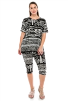 Short Sleeve Capri Set - grey aztec - poly/spandex