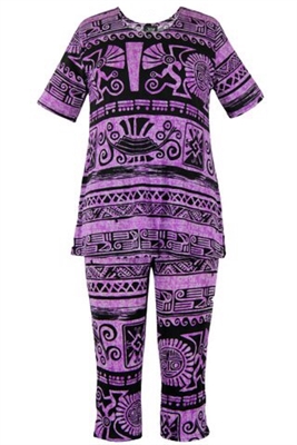 Short Sleeve Capri Set - purple aztec - poly/spandex