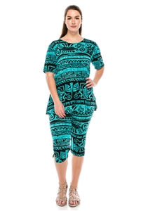 Short Sleeve Capri Set - teal aztec - poly/spandex