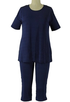 Short Sleeve Capri Set - navy/white polka dots - poly/spandex