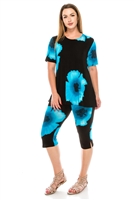 Short Sleeve Capri Set - blue big flower print - poly/spandex