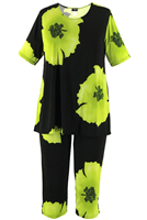 Short Sleeve Capri Set - green big flower print - poly/spandex