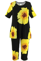Short Sleeve Capri Set - yellow big flower print - poly/spandex