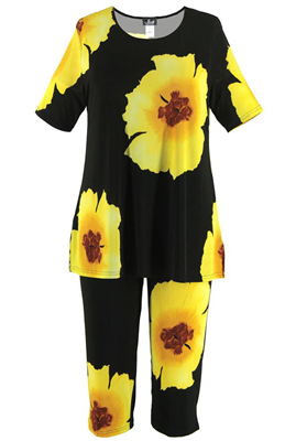 Short Sleeve Capri Set - yellow big flower print - poly/spandex