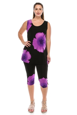 Sleeveless Capri Set - purple big flower prints - poly/spandex