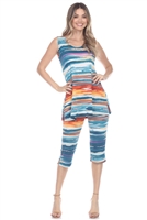 Sleeveless Capri Set - blue/rust stripe - polyester/spandex
