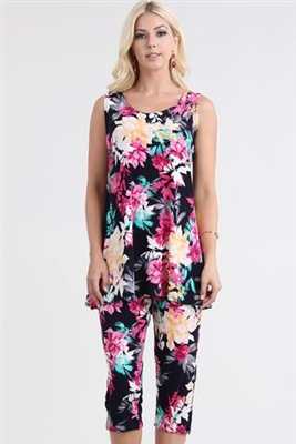 Sleeveless Capri Set - black with pink/yellow flowers - poly/spandex