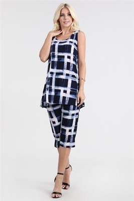 Sleeveless Capri Set - navy/white checkered print - poly/spandex