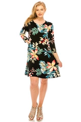3/4 sleeve short dress - black/tropical flowers - polyester/spandex