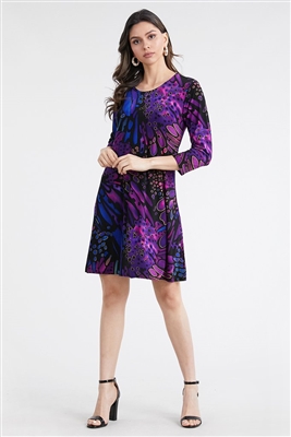 3/4 sleeve short dress - blue/purple - polyester/spandex