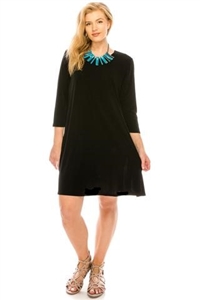 3/4 sleeve short dress - black - polyester/spandex