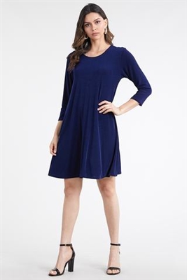 3/4 sleeve short dress - navy- polyester/spandex