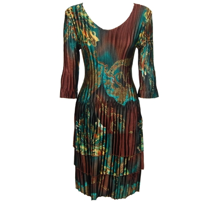Satin mini pleat 3/4 sleeve dress - Abstract Lilles Copper-Teal