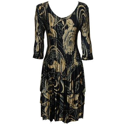 Satin mini pleat 3/4 sleeve dress - black with gold leaves