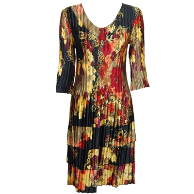 Satin mini pleat 3/4 sleeve dress - earthtone floral