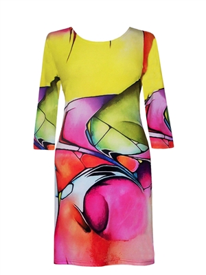 3/4 sleeve dress - yellow pink abstract