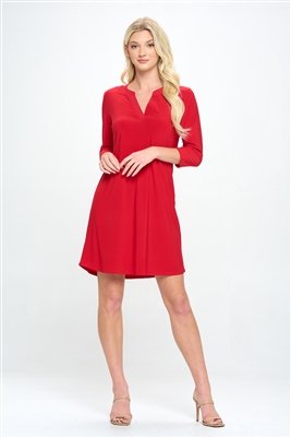 3/4 sleeve v-neck dress - red - polyester/spandex