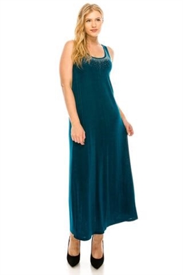 Long tank dress with rhinestones - teal - acetate/spandex