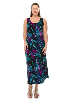 Long tank dress - turquoise/purple leafy print - polyester/spandex