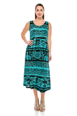Long tank dress - teal Aztec print - polyester/spandex