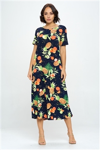 Long dress with short sleeves - pineapple print - polyester/spandex